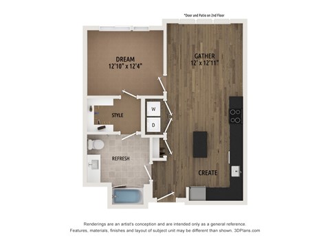 Floor plan for 1 bed, 1 bath, 712 sqft